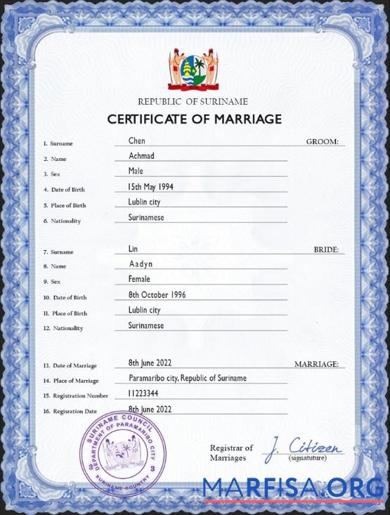 Downloadable Suriname marriage certificate PSD template